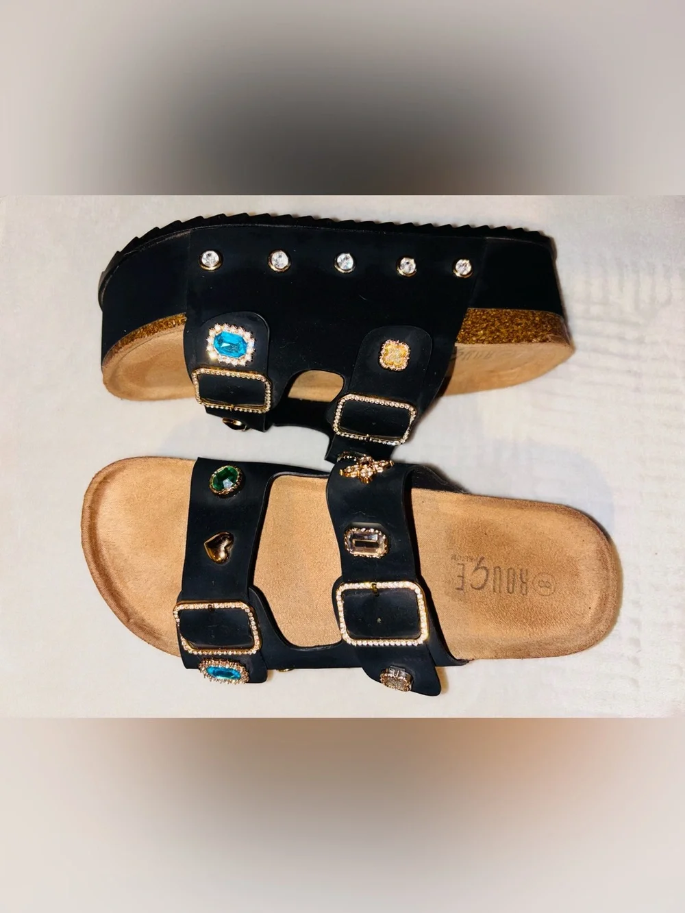 Black Jeweled Double-Buckle Slide Sandals